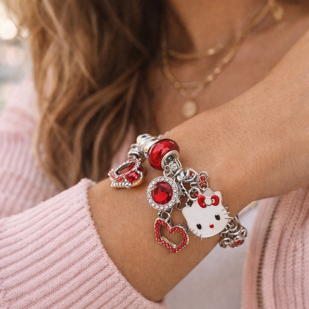 Hello Kitty Red Charm Bracelet – Stainless Steel Sanrio Kawaii Jewelry